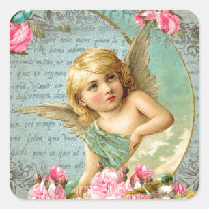 Victoriaans Angel blauw roos roze antiek Vierkante Sticker