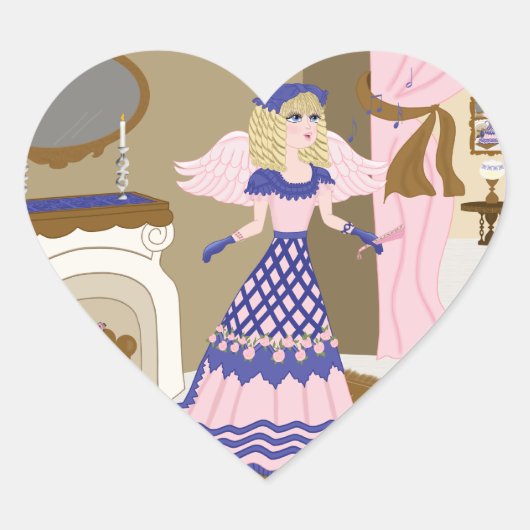 Victoriaans Angel Blue en Pink Singing by Fireplac Hart Sticker (Voorkant)
