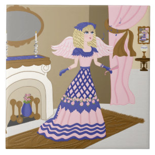 Victoriaans Angel Blue en Pink Singing by Fireplac Tegeltje