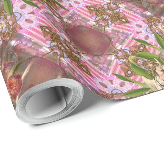 Victoriaans Angels Kerstmis Holly Pink Pattern Cadeaupapier (Rol Hoek)