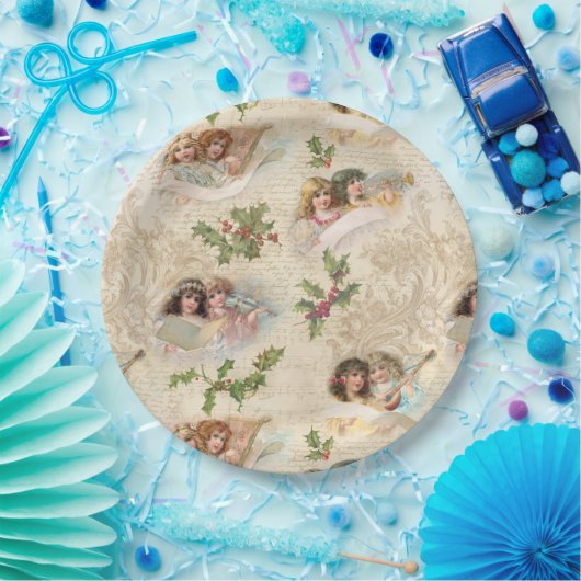 Victoriaans Angels met muziek, script en Holly Papieren Bordje (Feest)