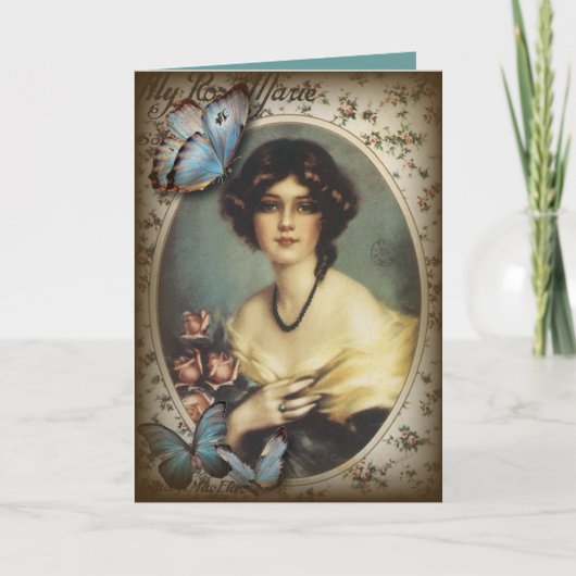 Victoriaans Antiek meisje met Floral vlinder Kaart (Voorkant)