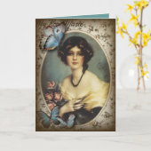 Victoriaans Antiek meisje met Floral vlinder Kaart (Gele Bloem)
