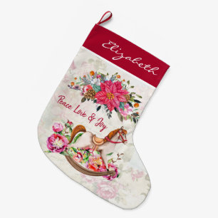 Victoriaans Antiek Rocking Horse & Poinsettia Grote Kerstsok