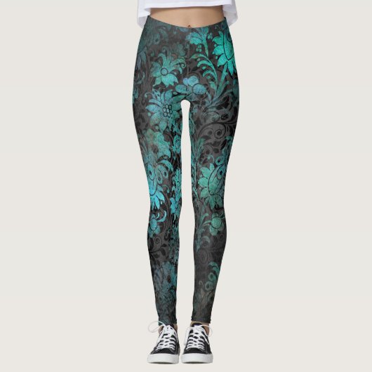  Victoriaans Aqua Blauwgroen Zwarte Leggings (Voorkant)