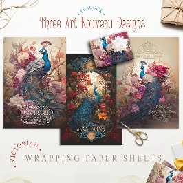 Victoriaans Art Nouveau  Bloemen Peacock Inpakpapier Vel