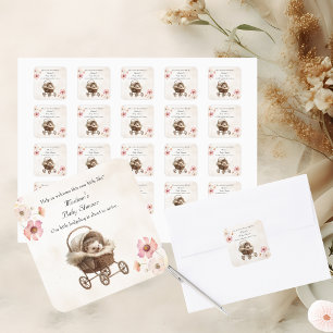 Victoriaans Baby Hedgehog Wildflower Baby shower Vierkante Sticker