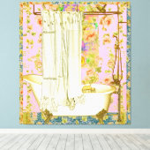 Victoriaans Badkuip Messing armaturen Roze Achterg Canvas Afdruk (Insitu (Houten vloer))