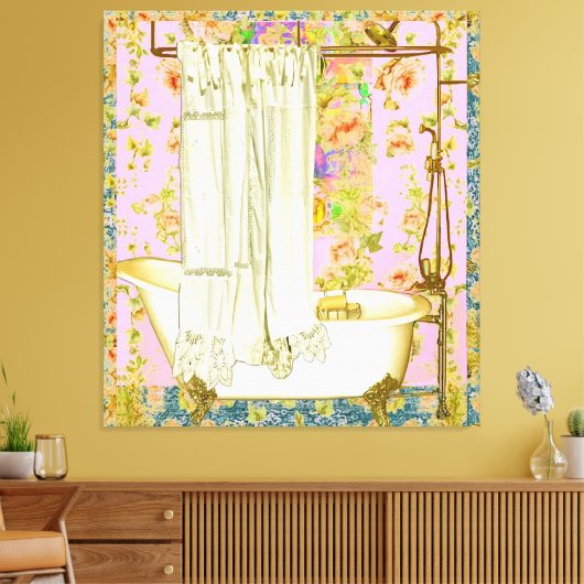 Victoriaans Badkuip Messing armaturen Roze Achterg Canvas Afdruk (Insitu (Woonkamer))