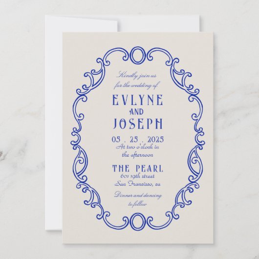 Victoriaans Barok Blauw Ornament Bruiloft Kaart (Voorkant)