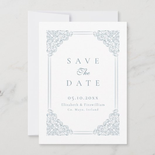 Victoriaans barok stoffig blauw  Lijst Save The Date (Voorkant)
