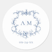 Victoriaans Barokke Bloemenkam Blauwe bruiloft Ronde Sticker (Voorkant)