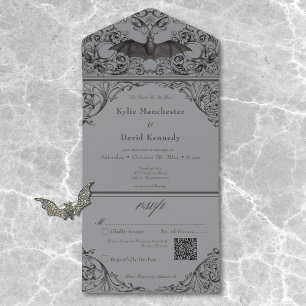 Victoriaans Bat Til Death Zwart Grijs Wedding QR C All In One Uitnodiging