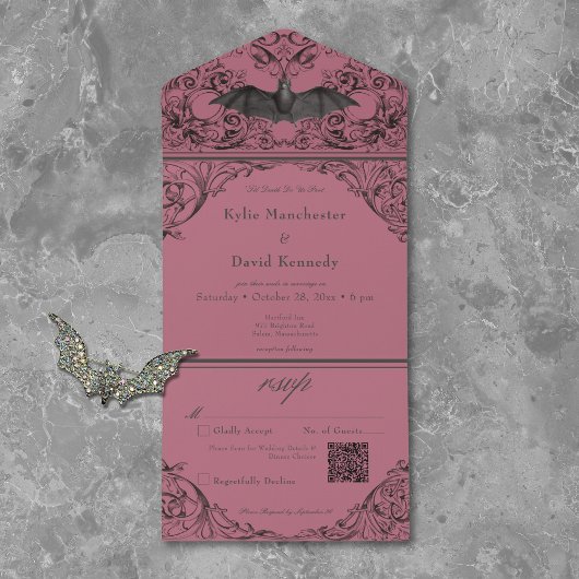 Victoriaans Bat Til Death Zwarte Wijn Wedding QR C All In One Uitnodiging
