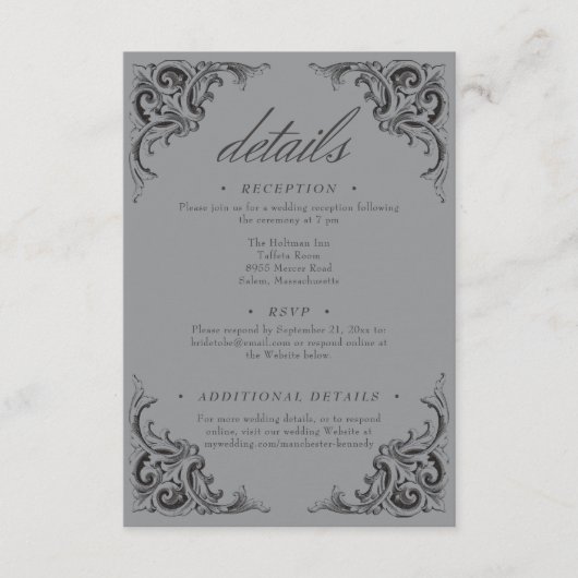 Victoriaans Bat Tot De Dood Zwart & Grijs Huwelijk Informatiekaartje (Voorkant)