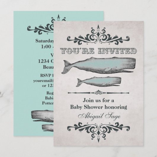 Victoriaans Beach Whale Baby shower Uitnodigen Kaart (Voorkant / Achterkant)