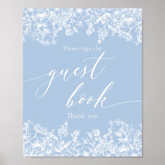 Victoriaans Blauw Bloemen Gastenboek Sign Poster (Voorkant)