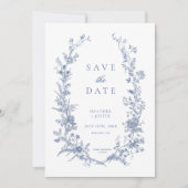 Victoriaans Blauw Bloemen Stoffig Blauw Bruiloft Save The Date (Voorkant)