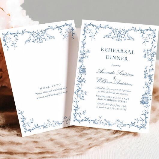 Victoriaans  blauw bloemenrepetitiediner kaart