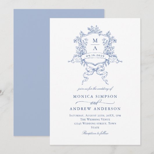 Victoriaans blauw bruiloft bloemenkam kaart (Voorkant / Achterkant)