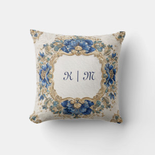 Victoriaans Blauw en Goud Barok Floral Design Kussen