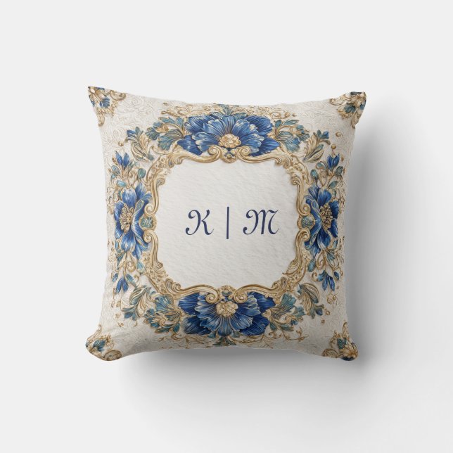 Victoriaans Blauw en Goud Barok Floral Design Kussen (Voorkant)