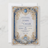 Victoriaans Blauw en Goud Bloemen Huwelijk Kaart (Voorkant)