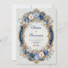 Victoriaans Blauw en Goud Bloemen Lijst bruiloft Kaart