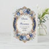 Victoriaans Blauw en Goud Bloemen Lijst bruiloft Kaart (Staand voorkant)