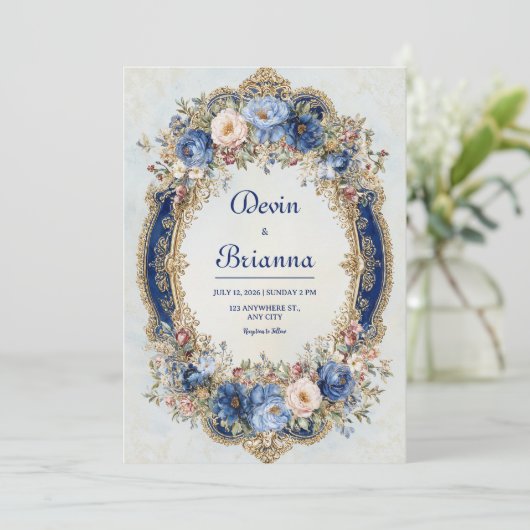 Victoriaans Blauw en Goud Bloemen Lijst bruiloft Kaart (Staand voorkant)
