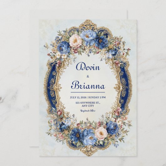 Victoriaans Blauw en Goud Bloemen Lijst bruiloft Kaart (Voorkant / Achterkant)