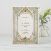 Victoriaans Blauw en Goud  Lijst bruiloft Kaart (Staand voorkant)