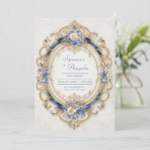 Victoriaans Blauw en Goud Romantische Bloemenbruil Kaart (Staand voorkant)