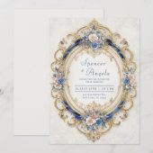 Victoriaans Blauw en Goud Romantische Bloemenbruil Kaart (Voorkant / Achterkant)