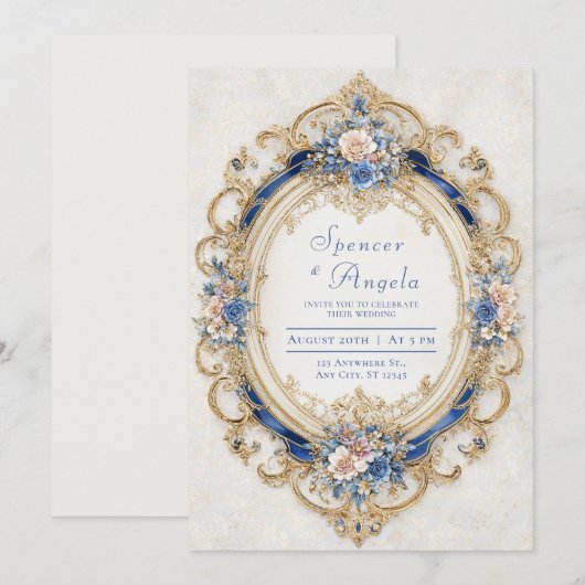 Victoriaans Blauw en Goud Romantische Bloemenbruil Kaart (Voorkant / Achterkant)