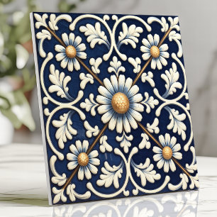 Victoriaans Blauw en Ivoor Bloemmotief Tegeltje