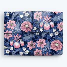 Victoriaans Blauw en Roze Bloemen Cadeaupapier