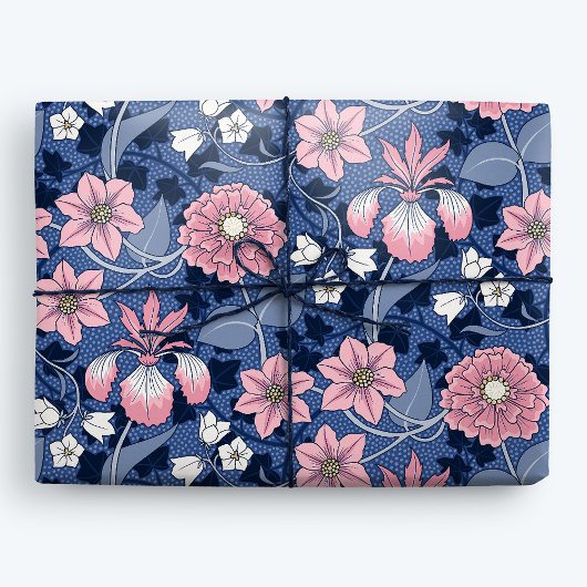 Victoriaans Blauw en Roze Bloemen Cadeaupapier