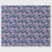 Victoriaans Blauw en Roze Bloemen Cadeaupapier (Vlak)