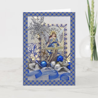 Victoriaans blauw engeltje met rand feestdagen kaart