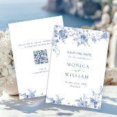 Victoriaans Blauw Frans Bloemen Huwelijk QR-code Save The Date