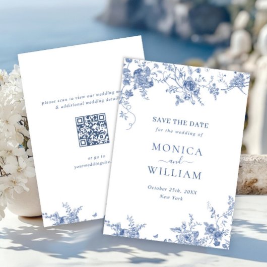 Victoriaans Blauw Frans Bloemen Huwelijk QR-code Save The Date