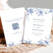 Victoriaans Blauw Frans Bloemen Huwelijk QR-code Save The Date