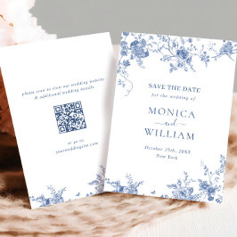 Victoriaans Blauw Frans Bloemen Huwelijk QR-code Save The Date
