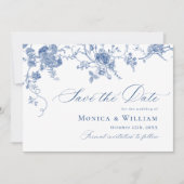Victoriaans Blauw Frans Bloemen Huwelijk QR-code Save The Date (Voorkant)