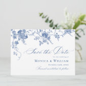Victoriaans Blauw Frans Bloemen Huwelijk QR-code Save The Date (Staand voorkant)