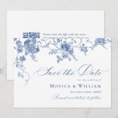 Victoriaans Blauw Frans Bloemen Huwelijk QR-code Save The Date (Voorkant / Achterkant)