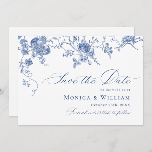 Victoriaans Blauw Frans Bloemen Huwelijk QR-code Save The Date (Voorkant / Achterkant)