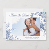 Victoriaans Blauw Frans Bloemen Trouwfoto QR-code Save The Date (Voorkant)