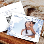 Victoriaans Blauw Frans Bloemen Trouwfoto QR-code Save The Date